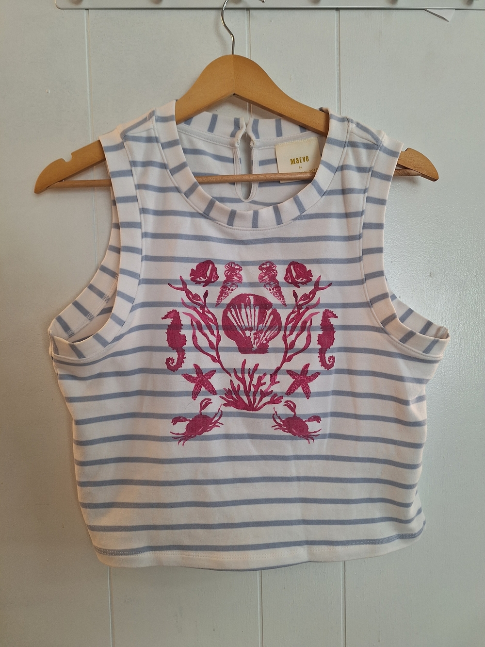 Maeve White & Light Blue Striped Tank with Pink Sea-Life Graphic